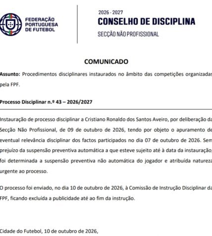 葡萄牙足协：对C罗启动纪律程序 实施非自动预防性停赛